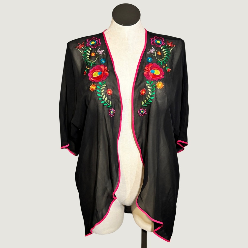 Cato Woman Kimono 14/16W Black Floral Embroidered Sheer Layering Artsy Coverup